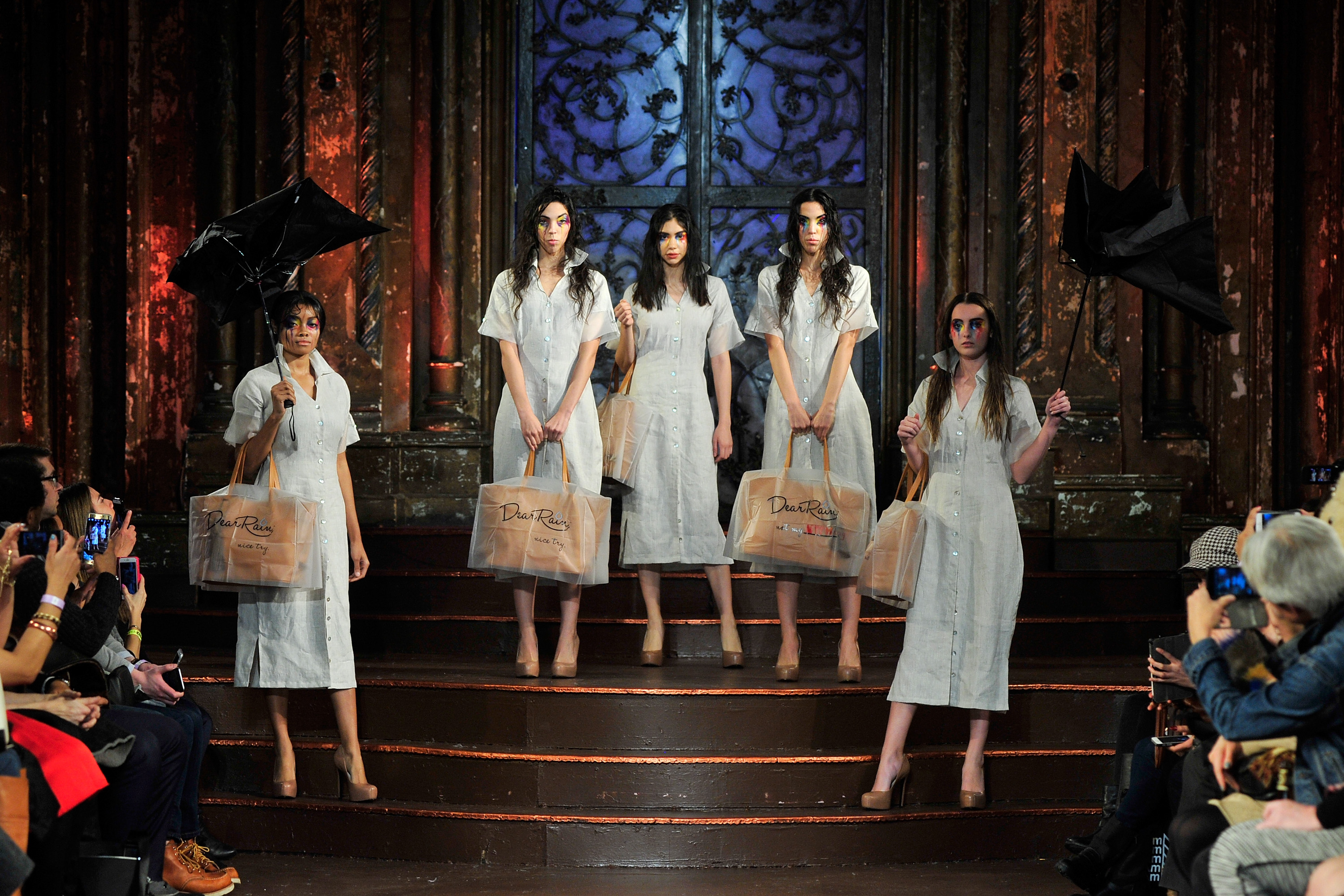 NEW YORK, NY - FEBRUARY 15:  A model walks on the runway at Dear Rain - FTL MODA NYFW Fall/Winter 2016 at The Angel Orensanz Foundation on February 15, 2016 in New York City.  (Photo by Kris Connor/Getty Images For FTL MODA)